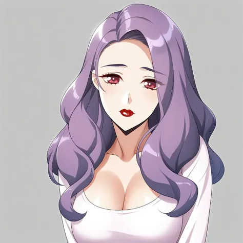 absurdres, highres, upper body, 1girl, solo, medium breasts, low-cut undershirt, cleavage, looking at viewer, light grey background,
mature woman, purple hair, long wavy hair, light red eyes, dark red lips, <lora:ptml_20241029_ilxl-0.1-000005:0.85>, ptml,