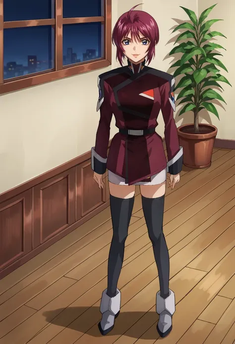 anime girl in a red uniform standing in a room