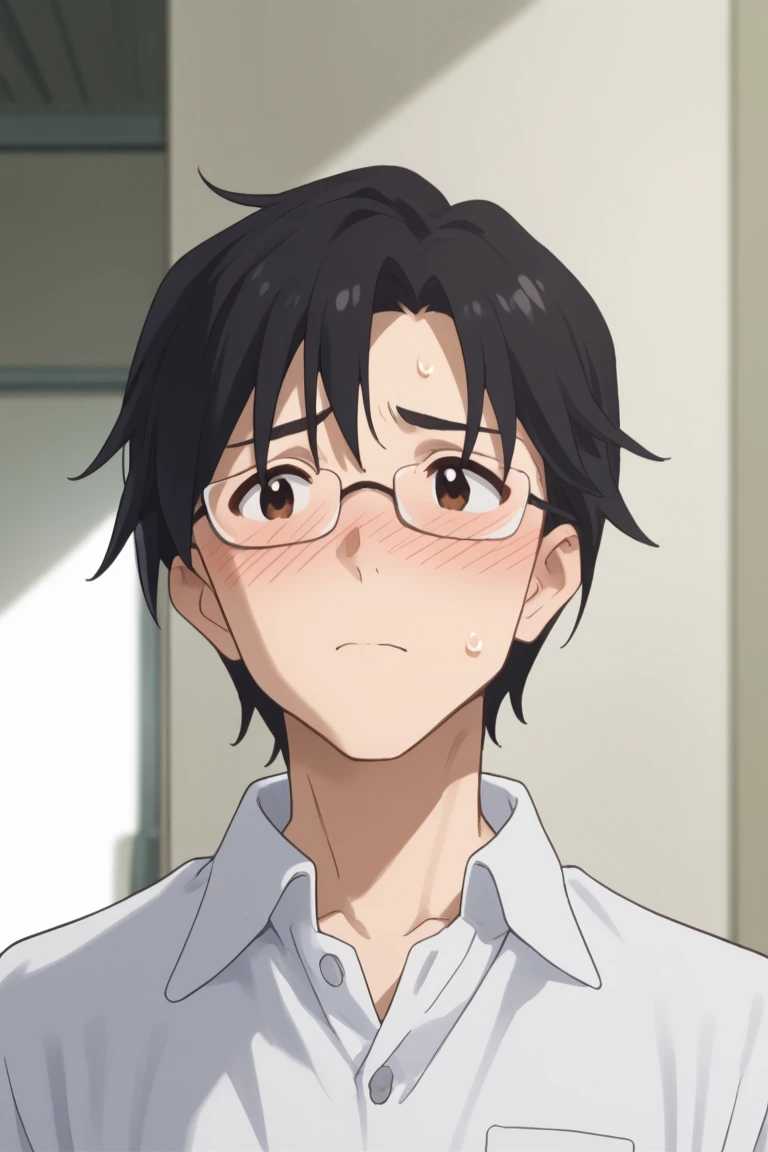 score_9, score_8_up, score_7_up, score_6_up, score_5_up, score_4_up, akabanep, black hair, brown eyes, glasses, 1boy, male focus, solo, blush, parody, sweatdrop, sweat, anime coloring