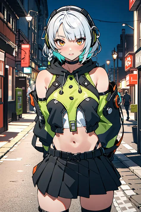 <lora:ANBY [STD-LITE] V2.05:0.7>
( 1girl, solo, anby demara, ( white hair ), ( orange eyes ), short hair, braid, ( side braid:1.2), blunt bangs, medium breasts, ),
( headphones, choker, jacket, multicolored jacket, green jacket, black jacket, open jacket, ...