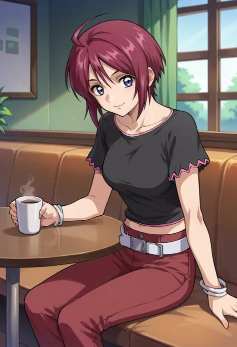 anime girl sitting at a table with a cup of coffee