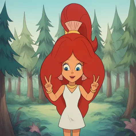 score_9_up, score_8_up, BREAK, PrincessLila, 1girl, solo,  red hair, long hair, big hair, blue eyes, earrings, white dress, cowboy shot,  <lora:PrincessLila_StopTheSmoggies_PXL_Leaf1:1>, double v, outdoors, forest,