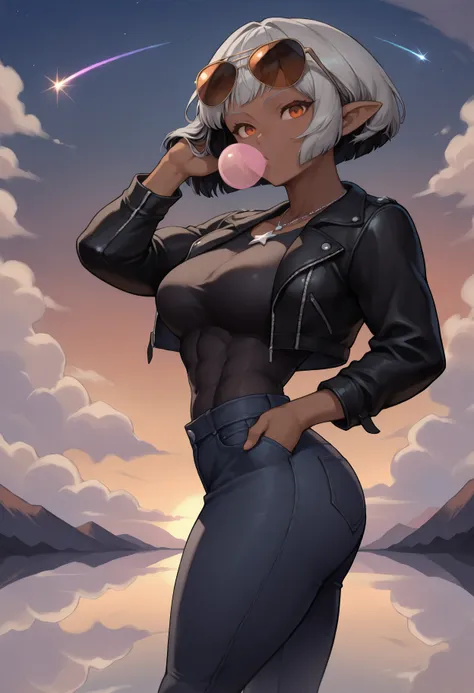 anime girl with bubble gum in mouth and black leather jacket