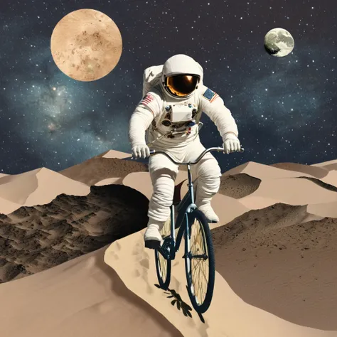 ohw rendering, an astronaut riding a bicycle over dunes, the Earth on the sky, dark sky, collage style, cutout