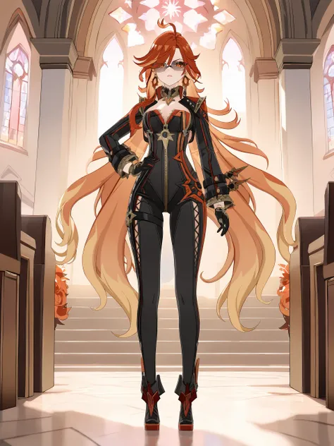 1girl, mavuika (genshin impact), earrings, sunglasses, black bikesuit, black gloves, shrug (clothing), metal collar, high heel boots, depth of field, full body, standing, glaring, hand on hip, looking at viewer, church, indoors <lora:Char-Genshin-Mavuika-V...