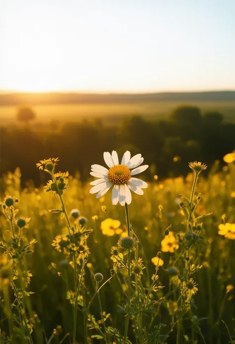 a closeup of a pretty wildflower in a field of wildflowers in the background, overlooking the beautiful english countryside cotswolds hills, sunrise, cinematic