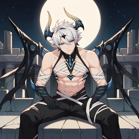 score_9_up, score_8_up, score_7_up, source_anime, 1boy, solo, starry sky, moon, ruins, night, coliseum, sitting on stone throne, looking at you, leaning forward, emotionless, spread legs, blue eyes, face focus, Kevin, Kas_Dem, demon boy, horns, black wing,...