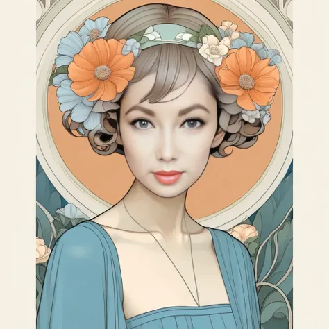 a painting of a woman with flowers in her hair and a blue dress with orange and white flowers on her head, Audrey Kawasaki, highly detailed digital painting, an art deco painting, figurative art