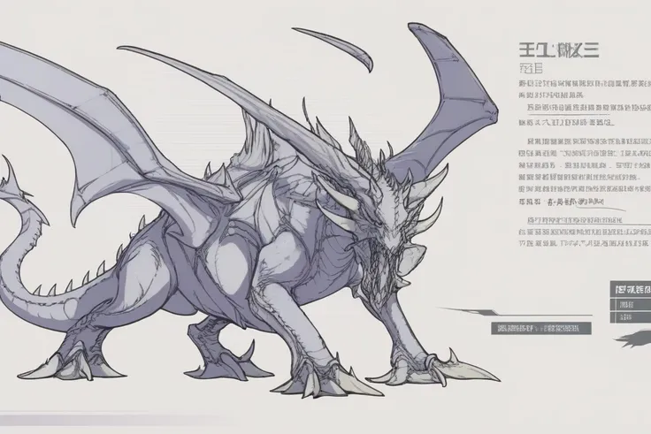 mechs and monsters, no humans, dragon, chinese text, monster, monochrome, claws, sharp teeth, character profile, teeth, stats, wings, weapon, tail, grey background, horns, sketch,<lora:models/732/8ee28b6b-03.safetensors:0.8:0.8>