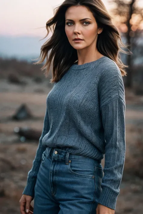 RAW photo of Lynd4C4rt3r_HM-131, a woman, perfect_hair, (modern_photo), wearing long sleeve sweater, long pants, 135mm medium_telephoto (analog, cinematic, (film_grain:1.3)), Post-Apocalyptic Wasteland, Desolate landscape with crumbling structures, overgro...