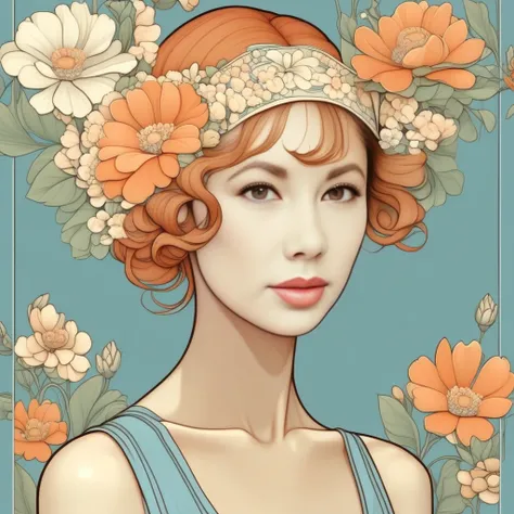 a painting of a woman with flowers in her hair and a blue dress with orange and white flowers on her head, Audrey Kawasaki, highly detailed digital painting, an art deco painting, figurative art