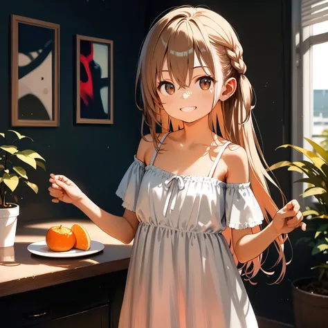 anime girl in a dress standing in front of a table with a plate of oranges