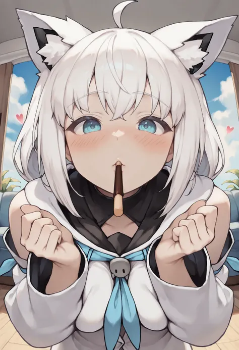 anime girl with white hair and blue eyes holding a finger up（shirakami fubuki)