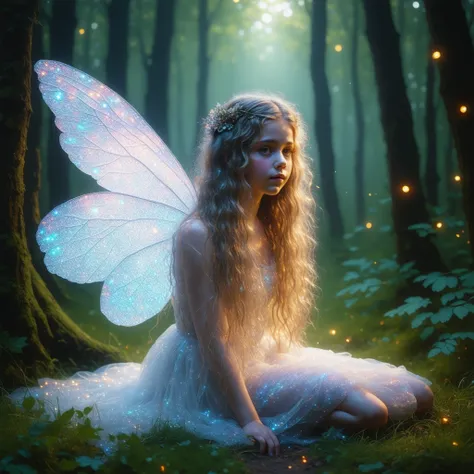 A detailed a fairy girl with delicate, transparent wings sitting gracefully on the ground. She has long, wavy hair, and her ethereal beauty is highlighted by soft, glowing light. The background features a magical forest with twinkling lights and foliage. T...