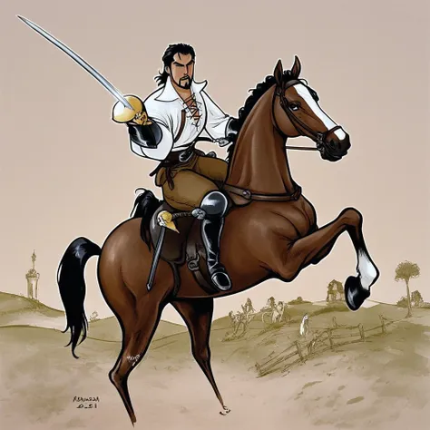 1boy, riding a horse, holding weapon, sword