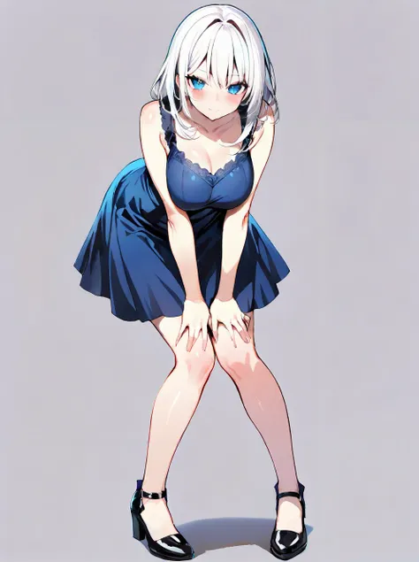 anime - style illustration of a woman in a blue dress bending over