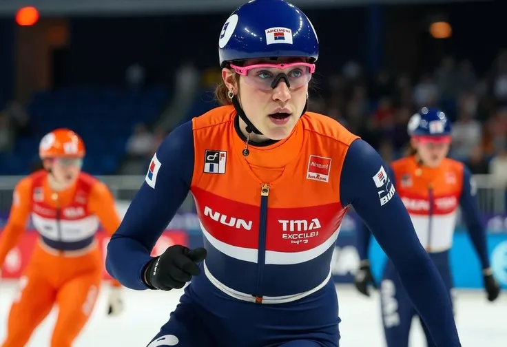 Suzanne Schulting, a woman in her Dutch dark blue, orange racing suit, gliding powerfully on ice, surrounded by competitors in vibrant colors, a cheering crowd in the blurred background, dramatic spotlighting accentuating her victory in a modern, energetic...