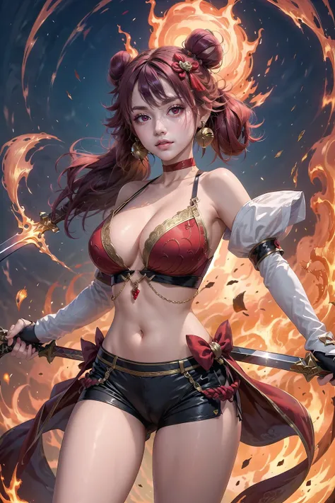 (masterpiece, best quality:1.2),illustration,8k,hd,(looking at viewer:1.2),(collarbone, pelvic curtain:1.2),
Hare the Sword Mikanko,red eyes,long hair,crop top,midriff,detached sleeves,dual wielding,bare shoulders,sword,holding sword,jewelry,short shorts,b...