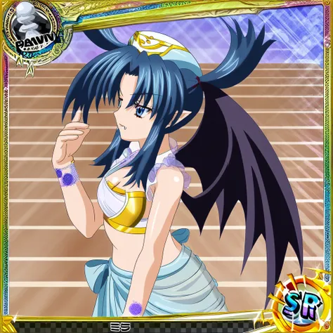 m1r4, Mira, Mira (high school dxd), cleavage cutout, cowboy shot, argyle, bandeau, see-through, tabi, hand up, stairs, apron, fishnets, o-ring, from side, pointy ears, hat, demon wings, bikini armor, black hair, folded fan, upper body, bracelet, ahoge, blu...