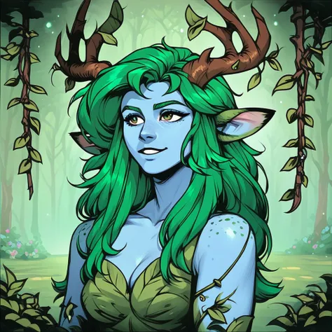 female focus, solo focus, solo, score_9, score_8_up, score_7_up, DarkestVintagestyle <lora:DarkestVintagestyle:1>  1 girl, dryad, satyr, faun, blue skin, green hair, long hair, wooden horns, horns, antlers