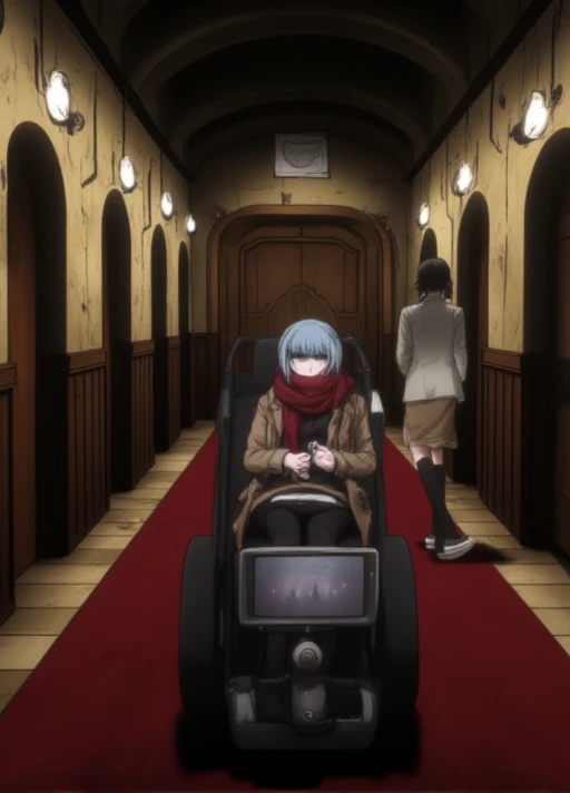 <lora:Miaya_Gekkogahara_Flux:1>, This is an anime screencap from Danganronpa 3. Miaya Gekkogahara is sitting in her wheelchair. She is wearing a long dark red scarf over a white dress shirt. The scarf covers most but not all of her mouth. She is also weari...