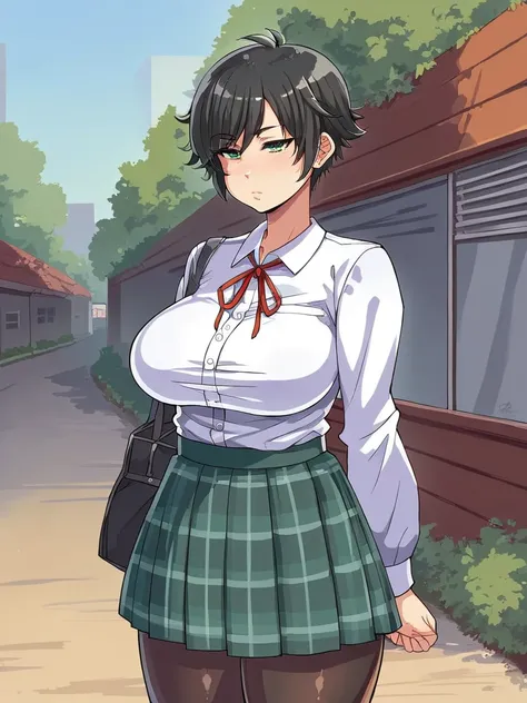 score_9, score_8_up, score_7_up, 
1girl, short hair, black hair, tomboy, green eyes, huge breasts,

frown, narrowed eyes, expressionless, looking at viewer,

school uniform, white shirt, long sleeves, neck ribbon, plaid skirt, pantyhose, standing, outdoors...