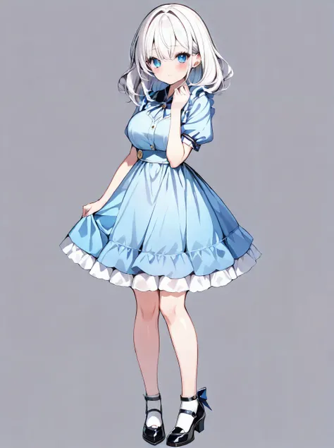 anime girl in blue dress with black shoes and a white collar