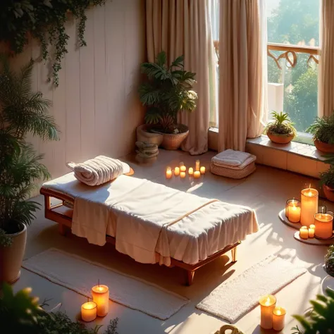 candles are lit in a room with a bed and a window