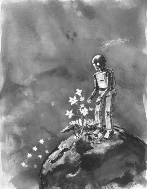 a charcoal drawing, A robot gardener planting glowing flowers that hum with music on an asteroid.