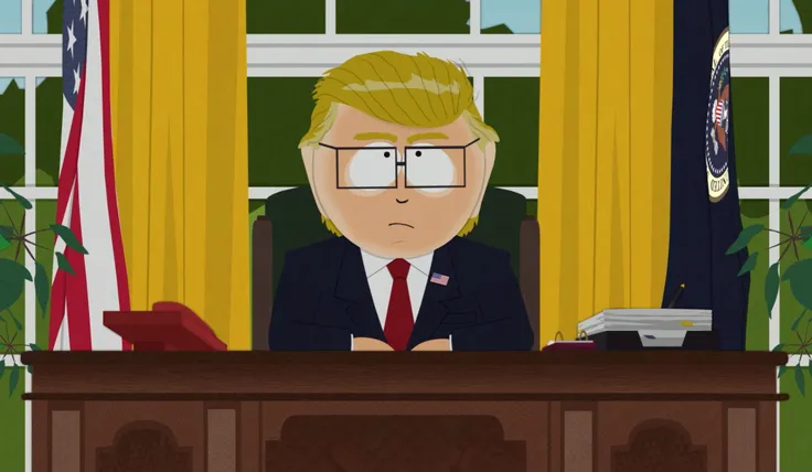 mr. garrison from south park, 1male, black dot eyes, glasses, blonde hair, face tan,
 dark navy suit with red tie, stank face
oval office, flag, window