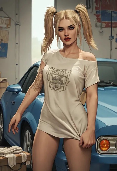 <lora:lily-pxl:1.2> lily-pxl, lily, lily-tat, twintails, , 1girl, solo, insane, eye focus, amber t-shirt, beige towel on one sho...