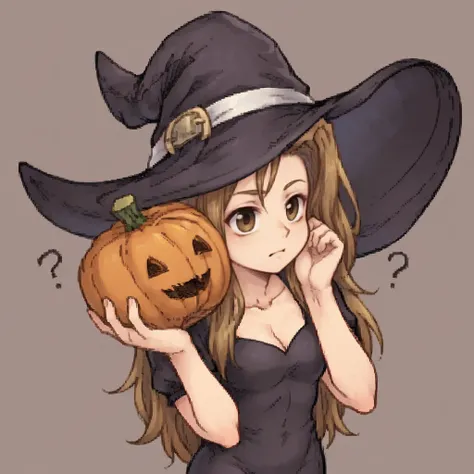 simple background,<lora:Deneb_Rove_Ogre_Battle_-_Character_PonyXL:0.7> denebrove, witch hat, black dress, looking at a pumpkin, thoughtful, thinking, pondering, question marks