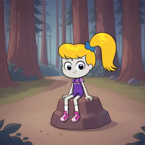 score_9_up, score_8_up, BREAK, BlondeRaven, 1girl, solo, blonde hair, side ponytail, blue eyes, shirt, overalls, white socks, pink footwear,  <lora:BlondeRaven_PXL_Leaf2:0.8>,  outdoors, forest, sitting on rock, looking at viewer,