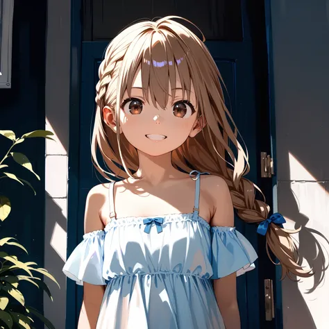 anime girl with long blonde hair standing in front of a blue door