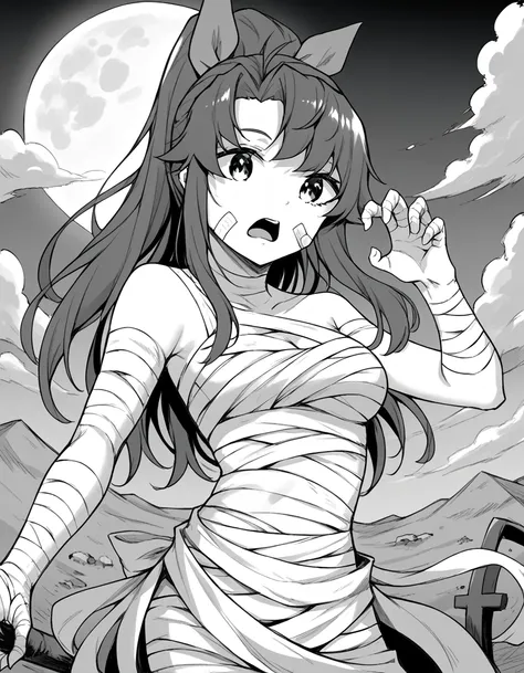 score_9, score_8_up, score_7_up, source_anime, <lora:hiyori-natsuno-manga-ponyxl-lora-nochekaiser:1>, hiyori natsuno, long hair, bangs, ribbon, hair ribbon, ponytail, monochrome, greyscale, medium breasts,, <lora:mummy-costume-ponyxl-lora-nochekaiser:1>, m...