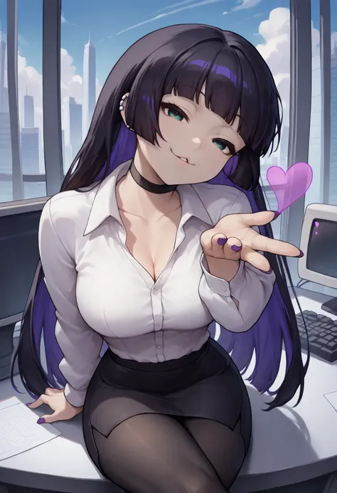 anime girl with long black hair sitting on a desk with a laptop