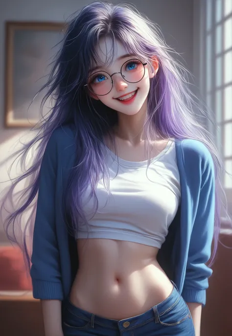 (((score_9, score_8_up, score_7_up))), ((( highly detailed, masterpiece, perfect, detailed, hd)))
,
(( Teresamb, glasses, purple hair, long hair, blue eyes, round eyewear ))
,
((( 1girl, blue jacket, crop top, jeans pants)))
,
((( Belly, navel, )))
,
((( S...