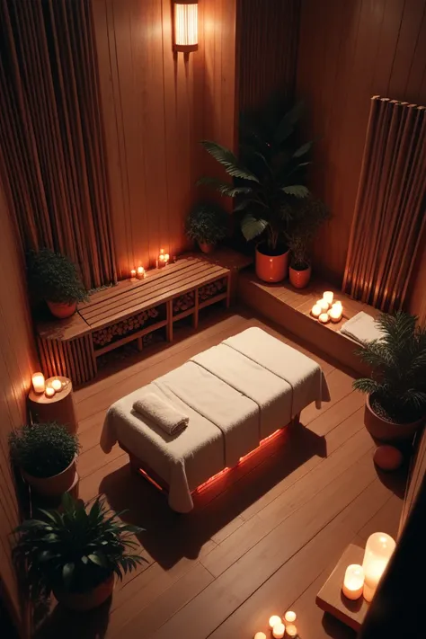 candles are lit in a dimly lit room with a bed and bench