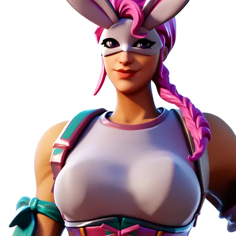 Score_9, score_8_up, score_7_up, best quality Stella, 1girl, solo, sleeveless shirt, corset, bandana on arm, 3d, fortnite art style, bunny mask, upper body, smile, white background, looking at viewer, large breasts,