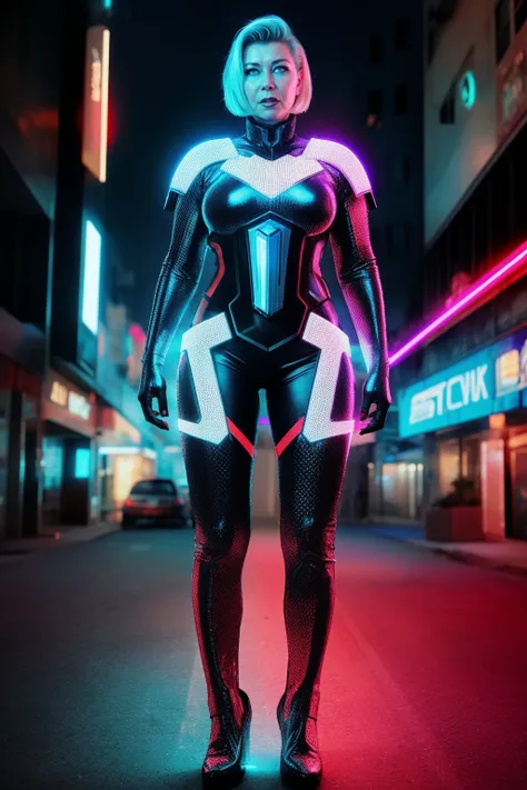 analog photo, portrait of woman, AimeeParadise, wearing  futuristic sci-fi cyberpunk armor, at the futuristic city street, volumetric lighting, edge lighting, best quality, masterpiece, <lora:add_detail:0.8>, <lora:AimeeParadise:1>,