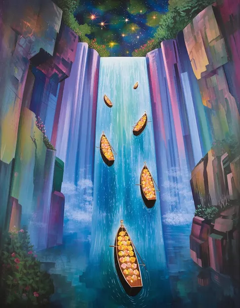 a surrealist painting, A waterfall that flows upward, carrying boats filled with glowing flowers to the stars.