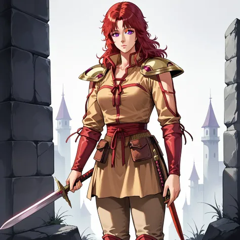 score_9, 1girl, solo, mamiya, red hair, purple eyes, long hair, Armor, shoulder pads, knee boots, standing, holding, sword