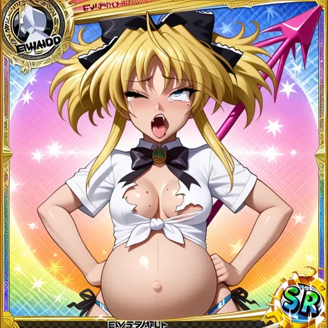 m1tt3lt, Mittelt, Mittelt (high school dxd), clenched hands, trident, ;d, censored, sex toy, cleavage, duel monster, character name, mole, star (symbol), upper body, tied shirt, inflation, bowtie, anime coloring, argyle background, tears, ahegao, ribbon, t...