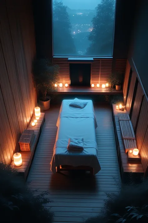 there is a bed with a white blanket and candles on the floor