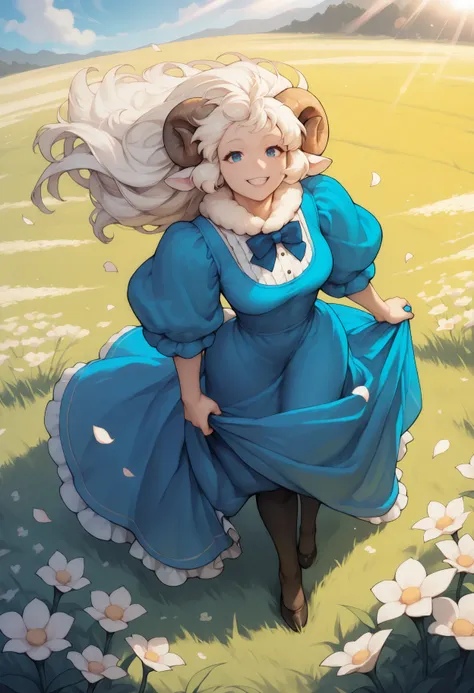 anime girl in blue dress sitting in a field of flowers