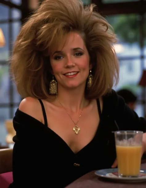 <lora:Lea_Thompson_1980s_Flux:1.3> This is an image of a women, beautiful detailed photograph, 1980s style big hair, crimped hair, teased hair, makeup, wearing a black dress, necklace, standing in cafe looking at the viewer, smile