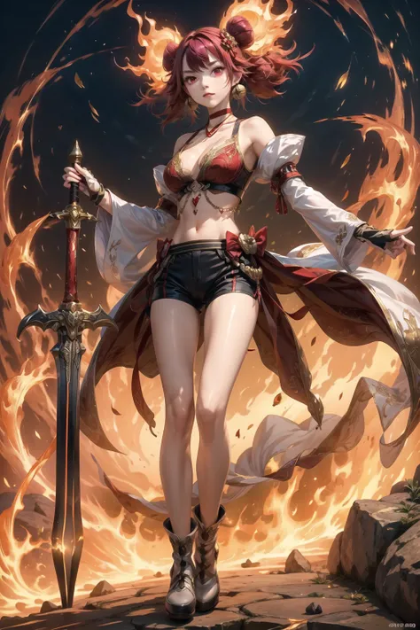 (masterpiece, best quality:1.2),illustration,8k,hd,(looking at viewer:1.2),(collarbone, pelvic curtain:1.2),
Hare the Sword Mikanko,red eyes,long hair,crop top,midriff,detached sleeves,dual wielding,bare shoulders,sword,holding sword,jewelry,short shorts,b...