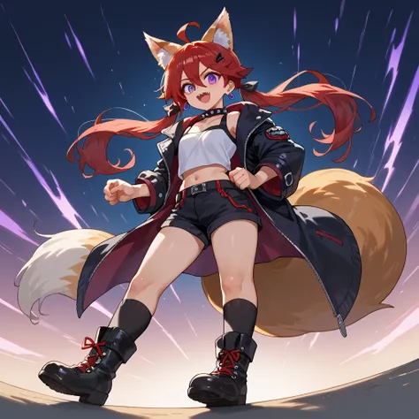 score_9, score_8_up, score_7_up, 1girl, full body, solo, young woman, dynamic expressions, fox girl, fox ears, fox tail, long hair, red hair, ahoge, hair between eyes, short twin ponytails, purple eyes, canine tooth, yaeba, long earrings, spiked choker,  p...