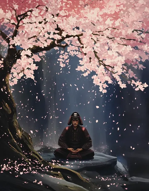 a hyperrealistic painting, A samurai meditating under a cherry blossom tree that rains petals made of light.