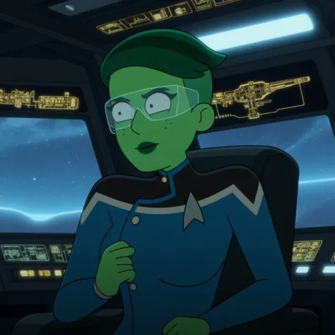 <lora:DVana_Tendi_Star_Trek_Lower_Decks_FLUX:1>  Dvana Tendi, green skin, short dark green hair,  dressed in a sleek, futuristic uniform with glowing navigation patches, sitting in the starshipâs control room. She has a focused, determined expression as ...